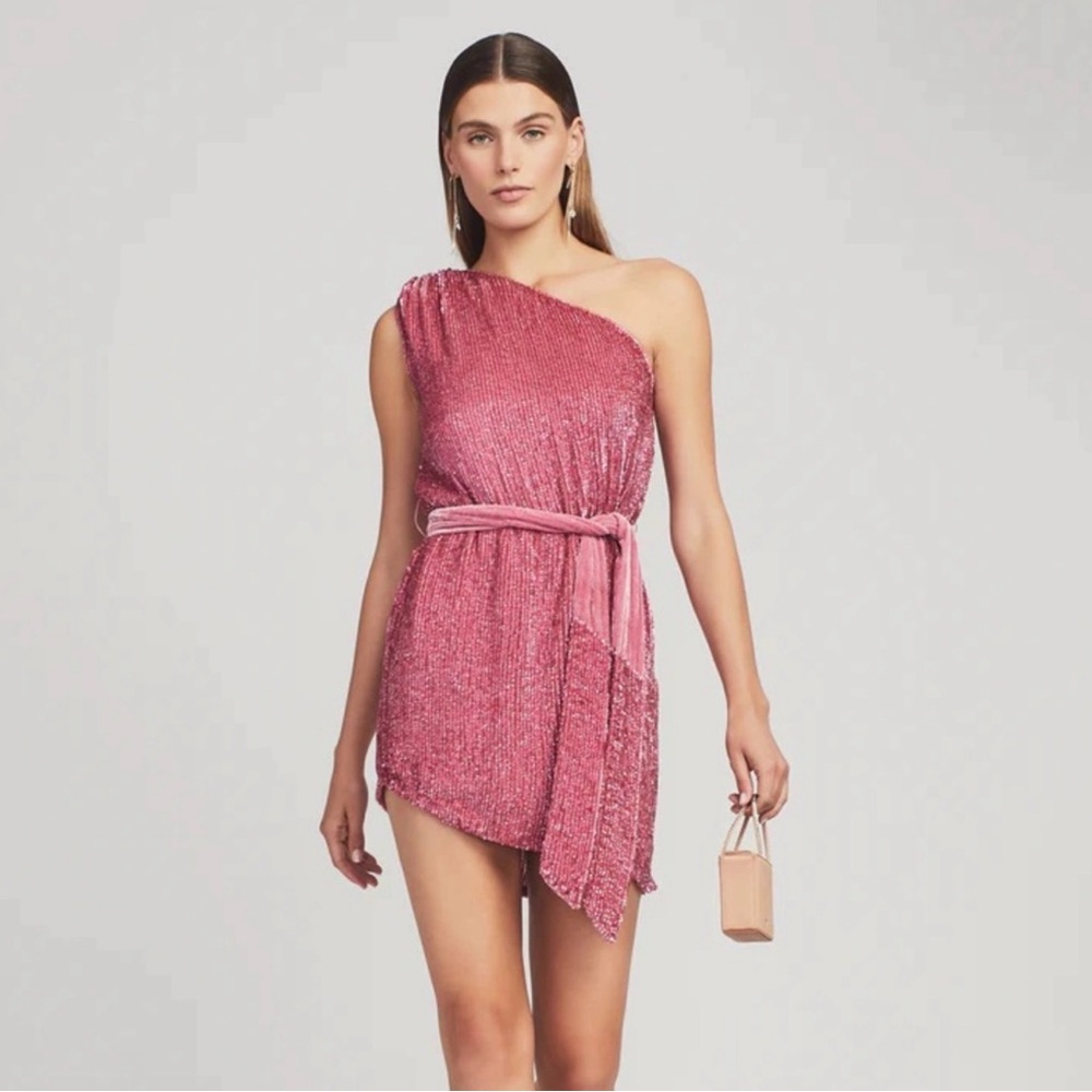 Retrofete Shimmering Pink Asymmetric Mini Dress